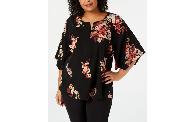  Womens Plus Floral Zip Front Blouse