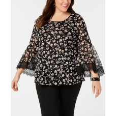 Alfani Womens Plus Lace Floral Print Blouse Black Size 0X