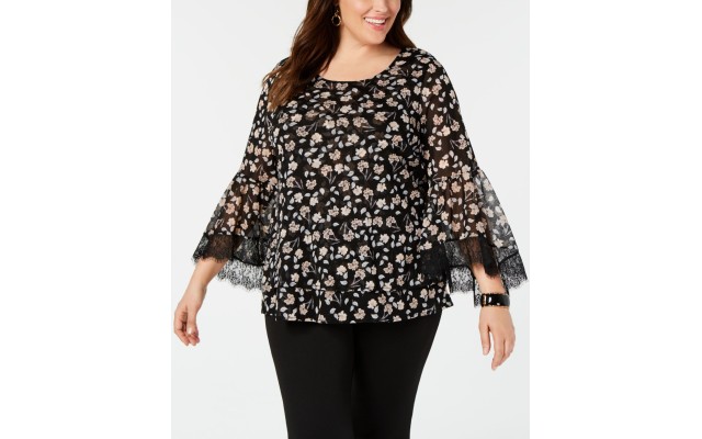  Womens Plus Lace Floral Print Blouse Black Size 0X