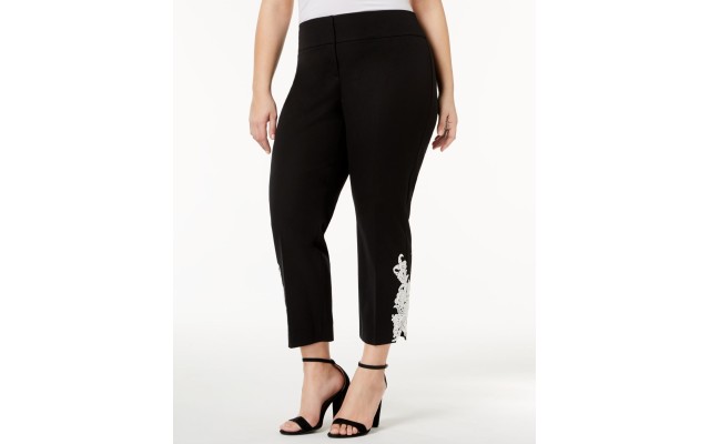  Womens Plus  Lace Overlay Slim Leg Cropped Pants Black, Black, 18W