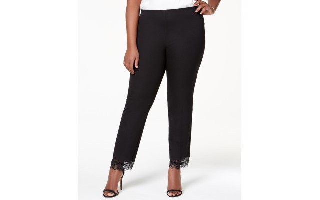  Womens Plus Lace-Trim Pull On Ankle Pants, Black, 14W