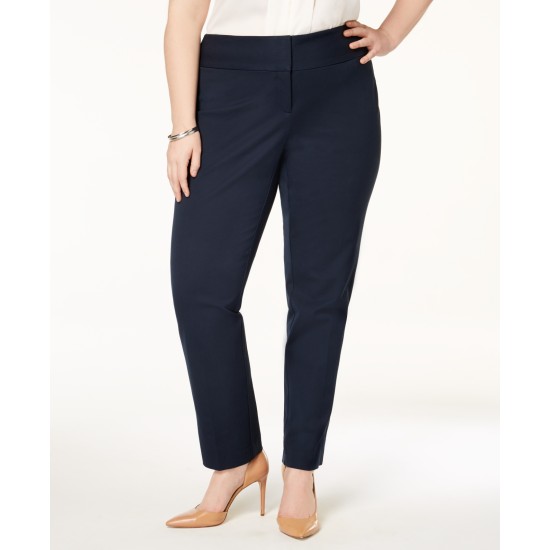  Women’s Plus Navy Tummy Control Flat Front Slim Leg Pants, Dark Blue, 28W