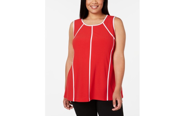  Womens Plus Piping Hi-Low Tank Top, Red, 2X