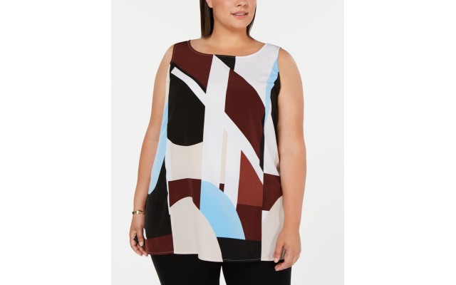  Womens Plus Printed Shell Tunic Top, Blue Elipse Black, 0X