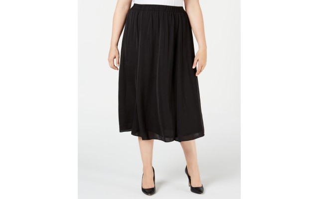  Women’s Plus Satin Pull On Midi Skirt Black 2X