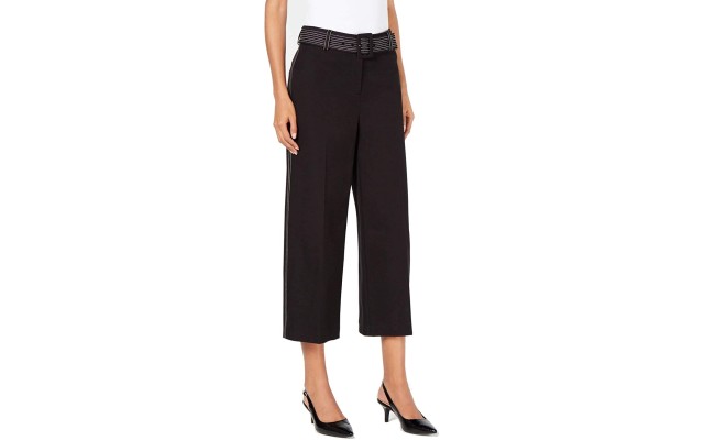  Womens PLUS Size Black Belted Wide-Leg Cropped Tummy-Control Pants, Black, 14W