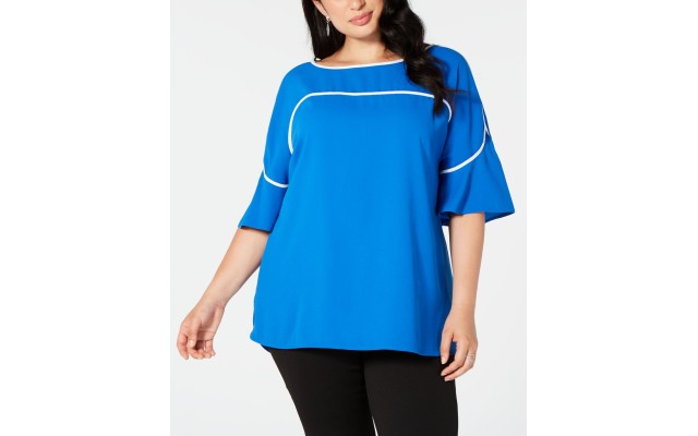  Women's Plus Size Piping-Trim Top - Blouse, Dark Blue, Dark Blue, 0X
