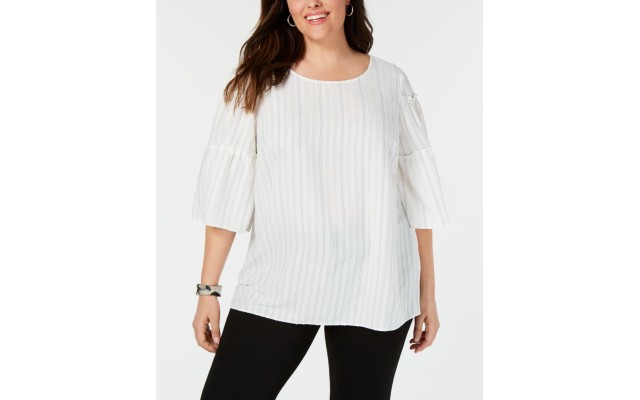  Women’s Plus Size Striped Tiered-Sleeve Top White Size  3X