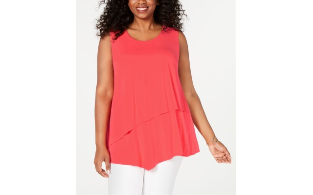  Women's Plus Tiered Asymmetrical-Hem Sleeveless Top, Coral Branch, 1X