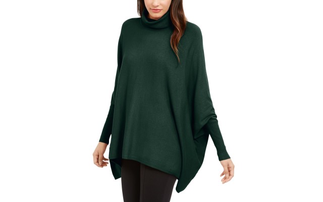  Womens Plus Turtle Neck Long Sleeves Poncho Top, Green, Medium