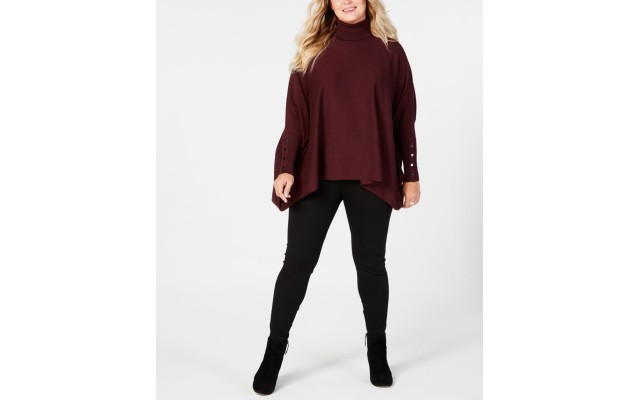  Womens Plus Turtle Neck Long Sleeves Poncho Top, Malbec, Small
