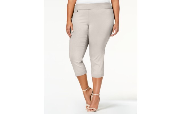  Womens Plus Woven Tummy Control Capri Pants Beige, Beige, 14W