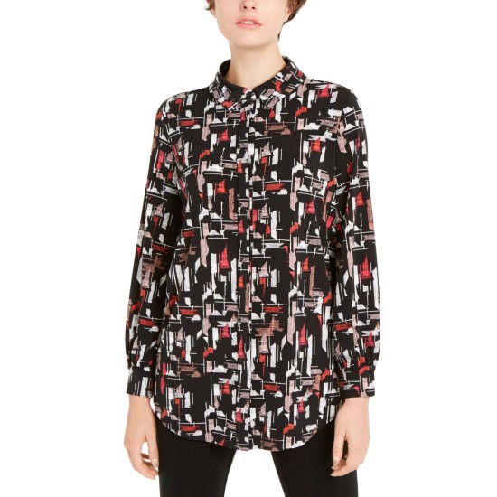  Women’s Printed Collared Shirt (Black, X-Large)