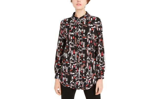  Women’s Printed Collared Shirt (Black, X-Large)