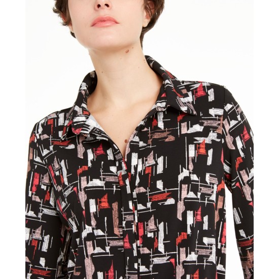  Women’s Printed Collared Shirt (Black, X-Large)