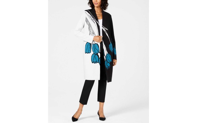  Womens Printed Colorblocked Cardigan (Teal Tulip Birds, M)