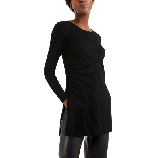  Womens Ribbed Long Sleeve Tunic Sweater, Black, Medium