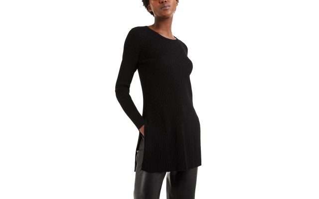  Womens Ribbed Long Sleeve Tunic Sweater, Black, Medium