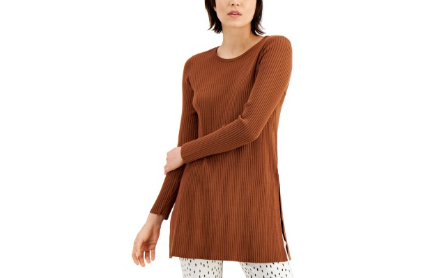  Womens Ribbed Long Sleeve Tunic Sweater, Brown, 2X-Large