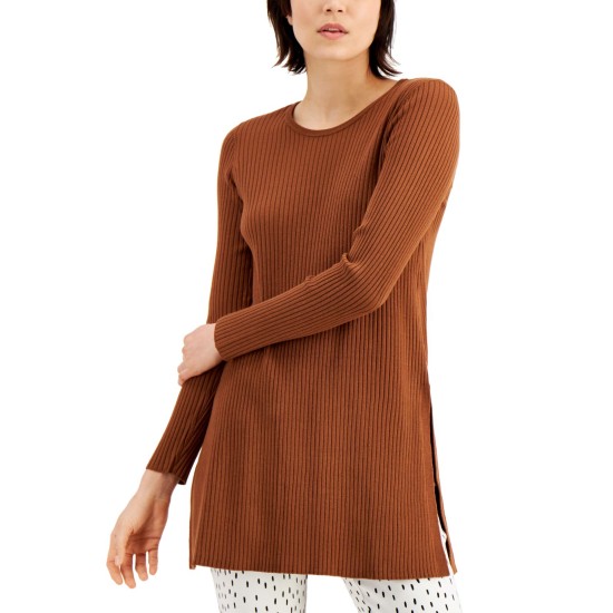  Womens Ribbed Long Sleeve Tunic Sweater, Brown, Small