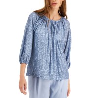 Alfani Women's Sequined Ruched Neck Top, Blue, M