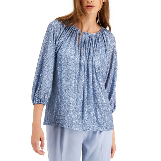  Women's Sequined Ruched Neck Top, Blue, M