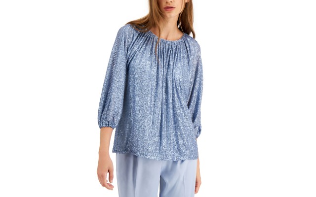  Women's Sequined Ruched Neck Top, Blue, M