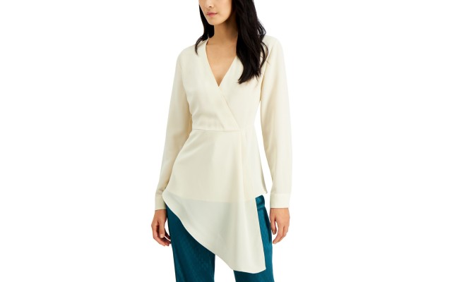  Women’s Surplice Asymmetrical Blouse (White, Large)
