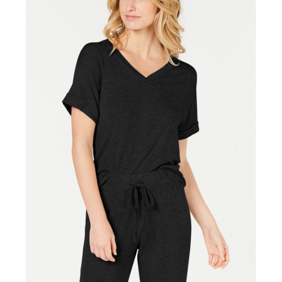  Women’s Ultra Soft Ribbed Knit Pajama Top (Black, Medium)