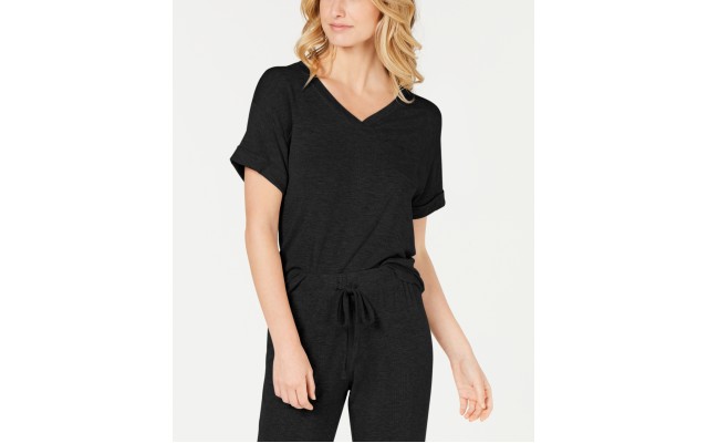  Women’s Ultra Soft Ribbed Knit Pajama Top (Black, Medium)