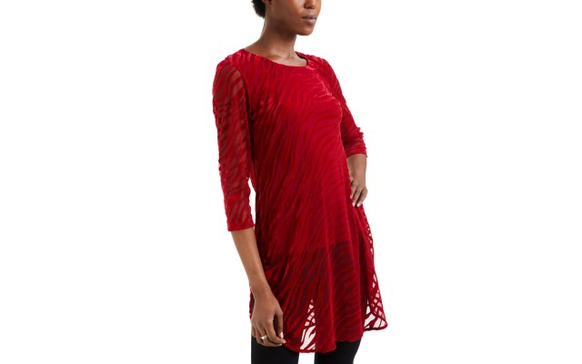  Zebra-Print Burnout Layered Tunic (Dark Red), Dark Red, Small