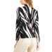  Zebra-Print Funnel-Neck Blouse (Black, Small)