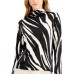  Zebra-Print Funnel-Neck Blouse (Black, Small)
