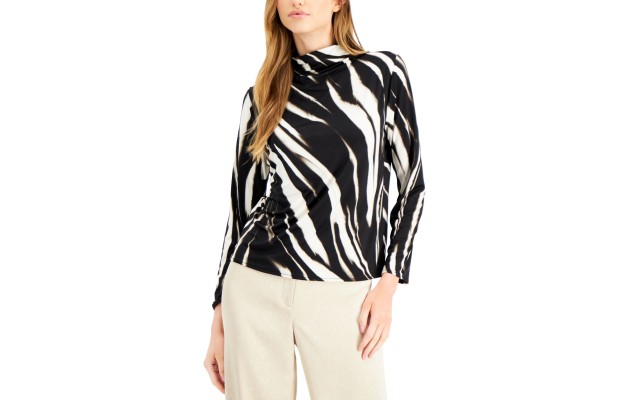  Zebra-Print Funnel-Neck Blouse (Black, Small)