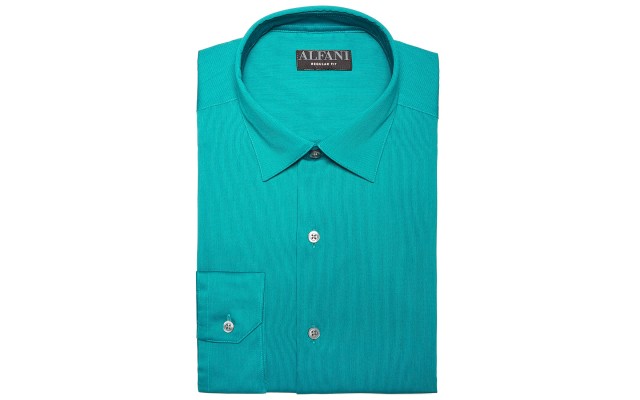 AlfaTech by  Men’s Bedford Cord Classic/Regular Fit Dress Shirt, Green, 14-14.5 32-33