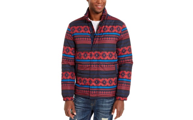  Men’s Geometric Puffer Jacket (Navy, S)