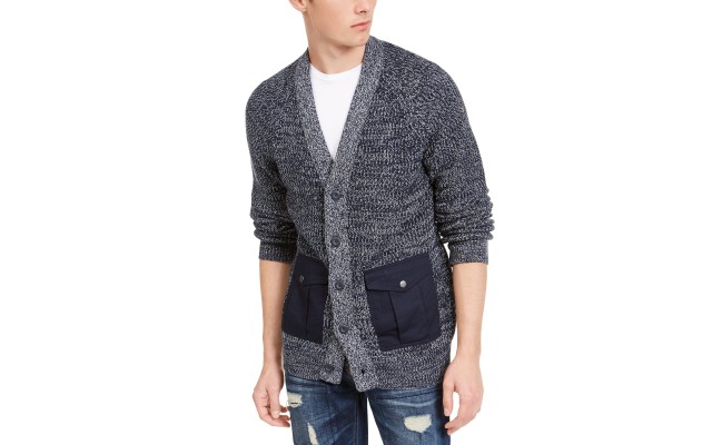  Men’s Textured Cardigan (Navy, XL)