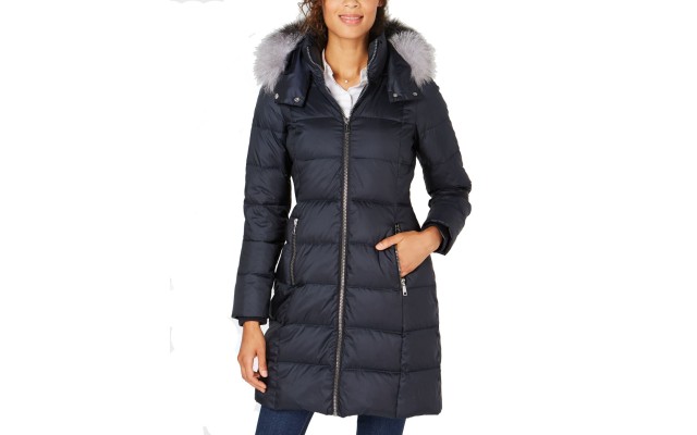 Andrew Marc Hooded Fur-Trim Puffer Coat (Black, L)