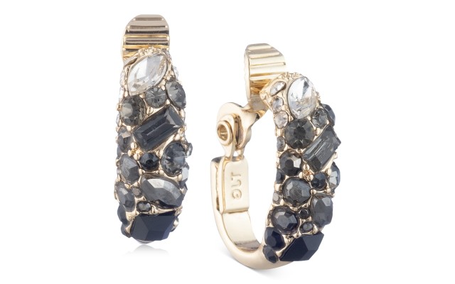  Gold-tone and Glass Stone Ombre Clip-On Hoop Earrings, Black, 1″
