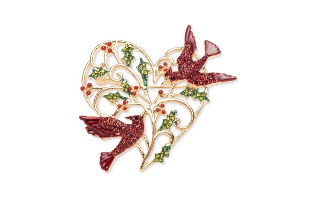  Gold-Tone Pave Cardinal & Holly Heart Pin