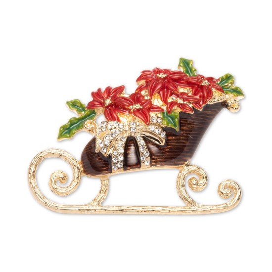  Gold-Tone Pave Poinsettia in Sleigh Pin