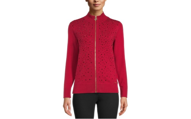  Jeweled Zipper Sweater (Red, X-Large)
