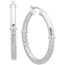 Anne Klein Medium Basket Weave Textured Tube Hoop Earrings (Silver)