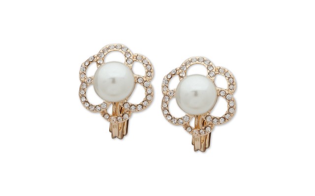  Pave and Pearl E-Z Comfort Clip On Earrings (Gold)