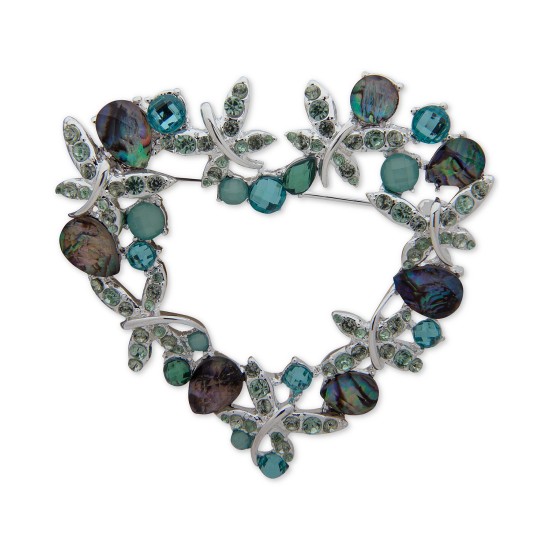 Silver-Tone Crystal & Stone Heart Wreath Pin