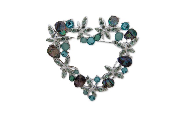  Silver-Tone Crystal & Stone Heart Wreath Pin