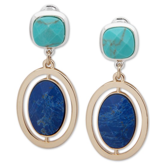 Two Tone Clip on Blue Stone Earrings