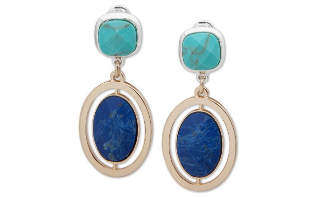  Two Tone Clip on Blue Stone Earrings