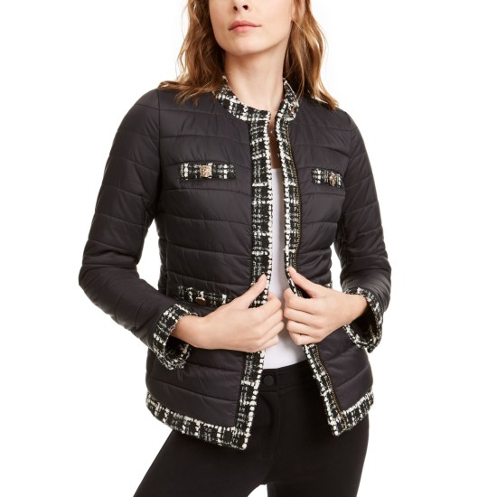  Womens Black Quilted Tweed Trim Puffer Jacket Coat (Black, X-Small)