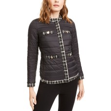 Anne Klein Womens Black Quilted Tweed Trim Puffer Jacket Coat (Black, X-Small)